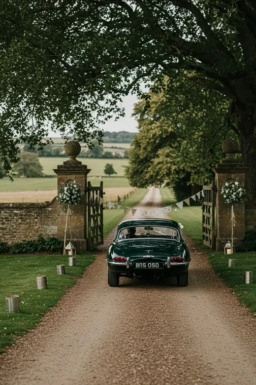 A dark green vintage car on a gravel drive running between stone gate piers and old trees